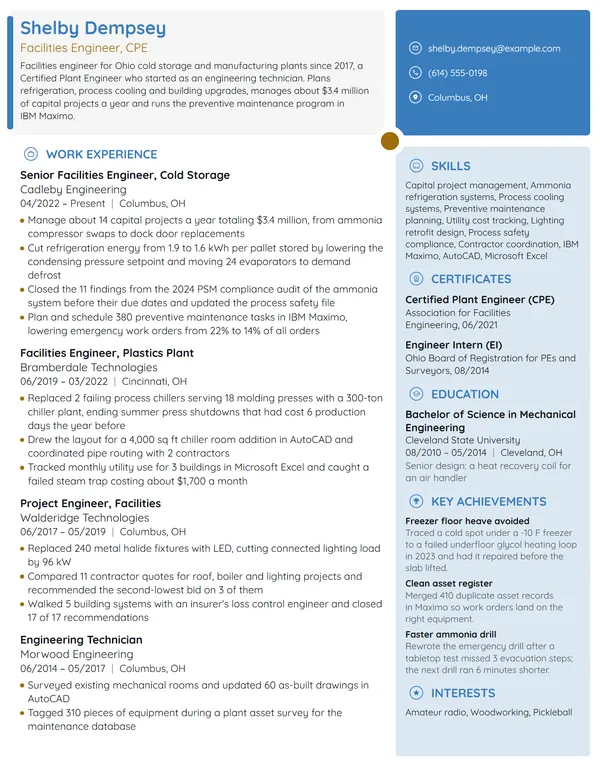 Facilities Engineer resume example