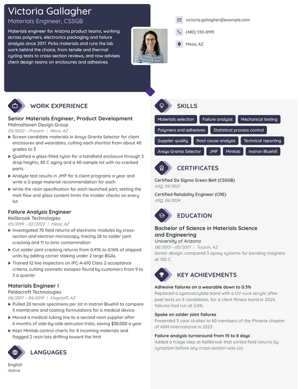 Materials Engineer resume example