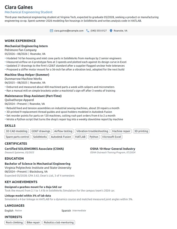 Mechanical Engineering Intern resume example