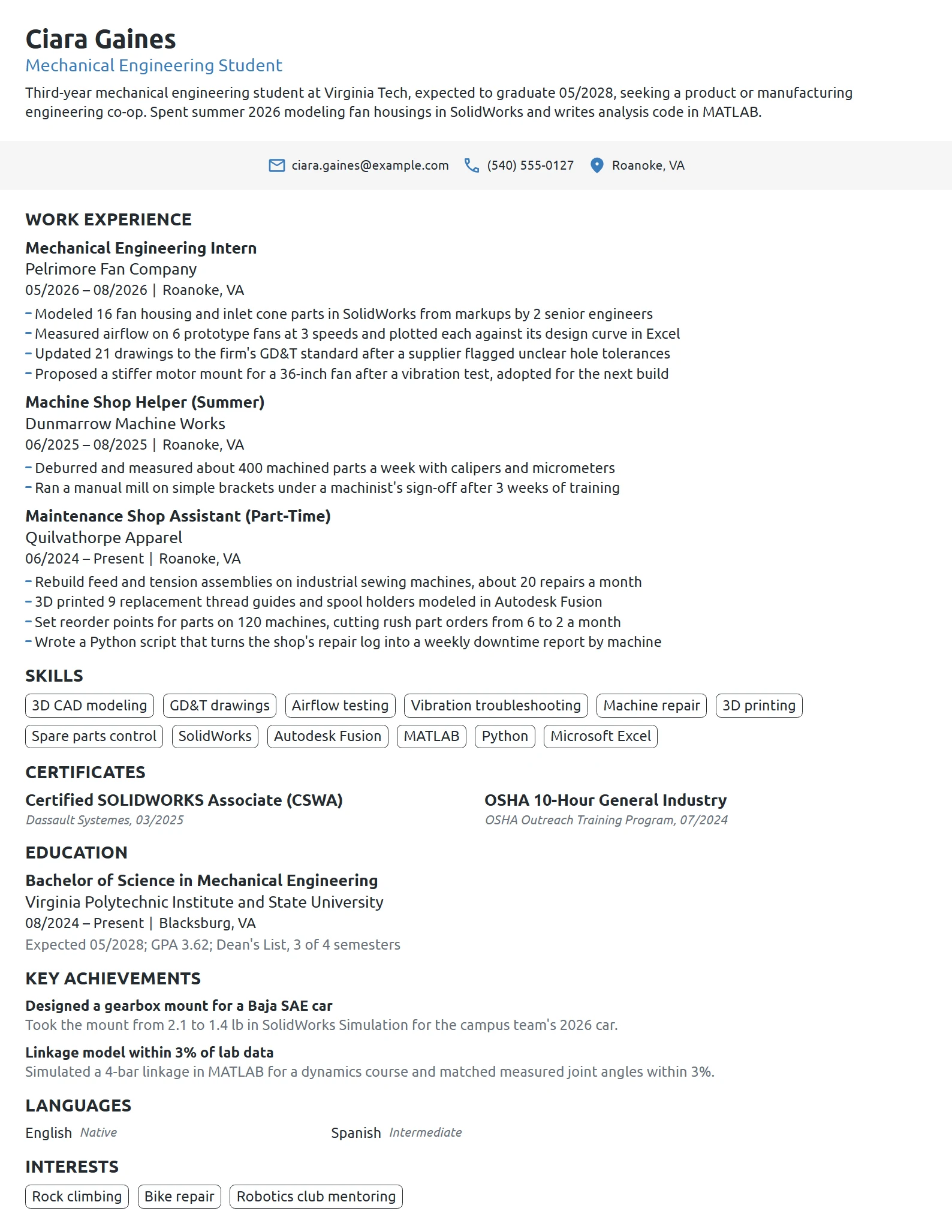Mechanical Engineering Intern resume example