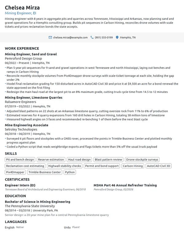 Mining Engineer resume example