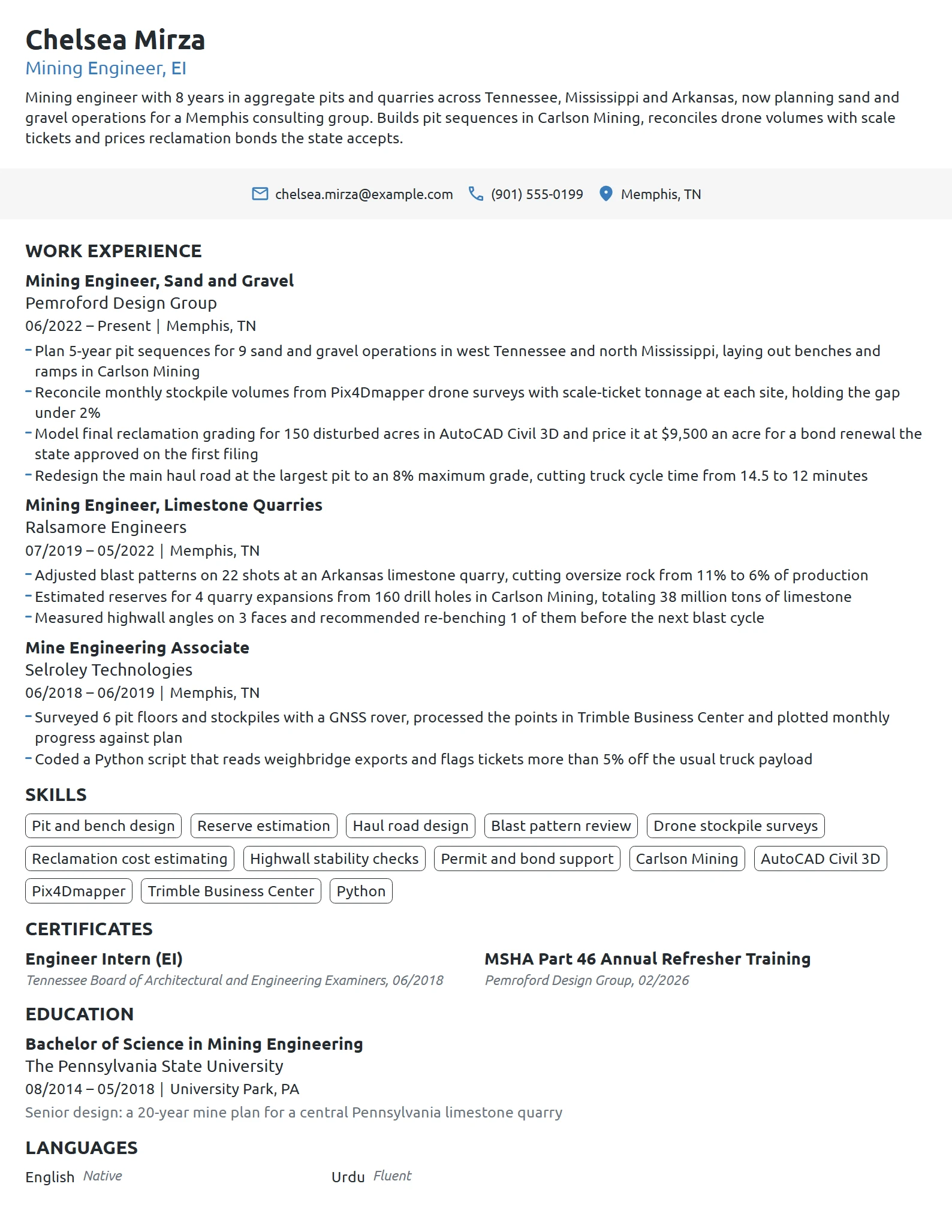 Mining Engineer resume example