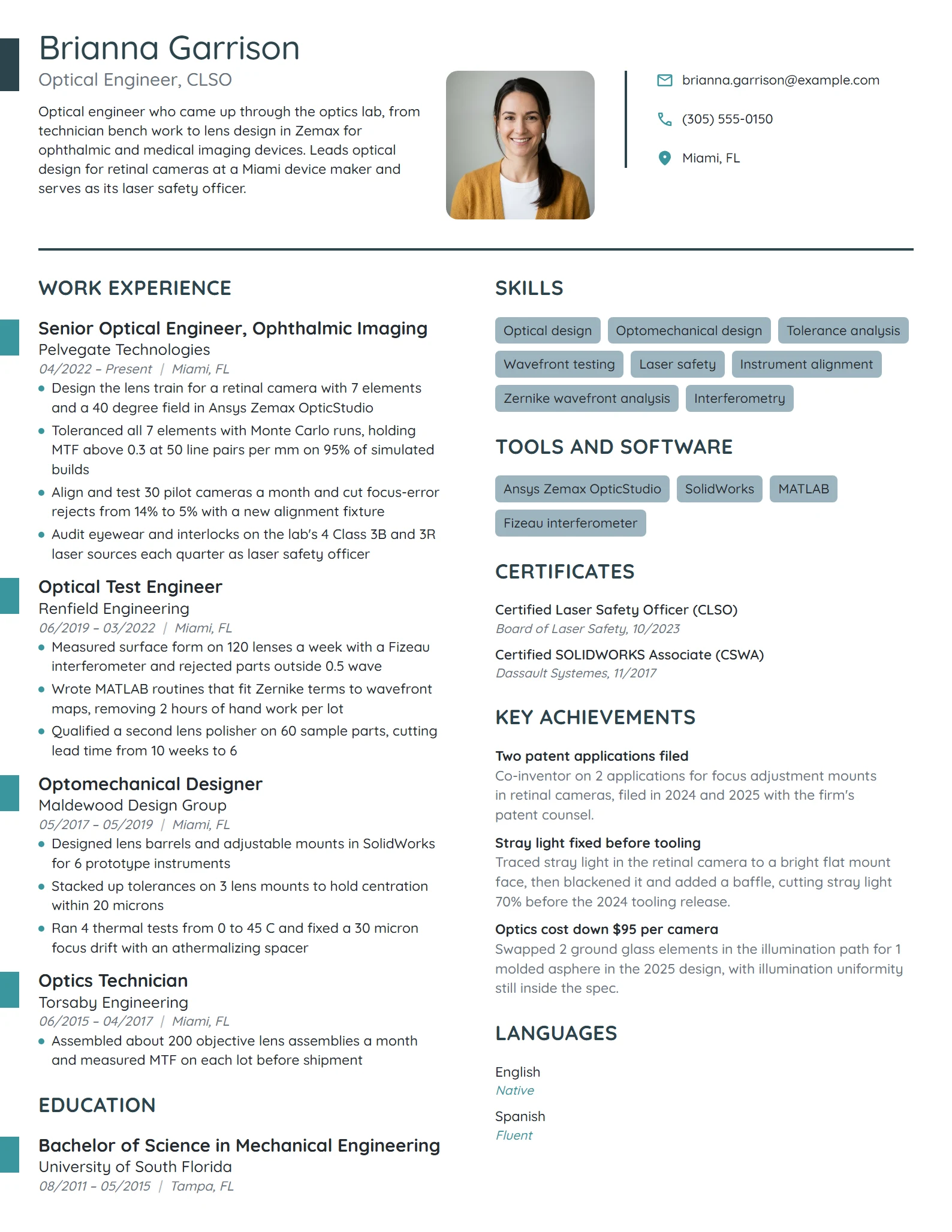 Optical Engineer resume example