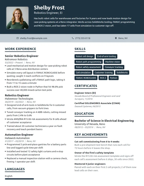 Robotics Engineer resume example