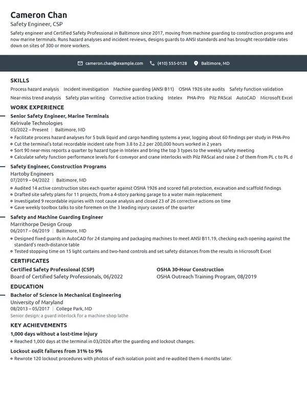Safety Engineer resume example