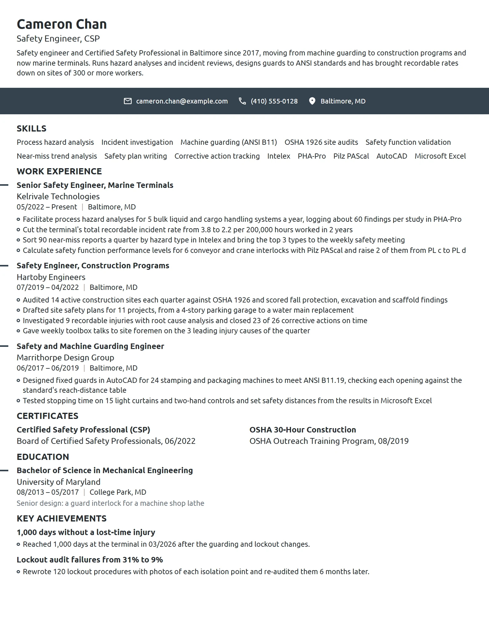 Safety Engineer resume example