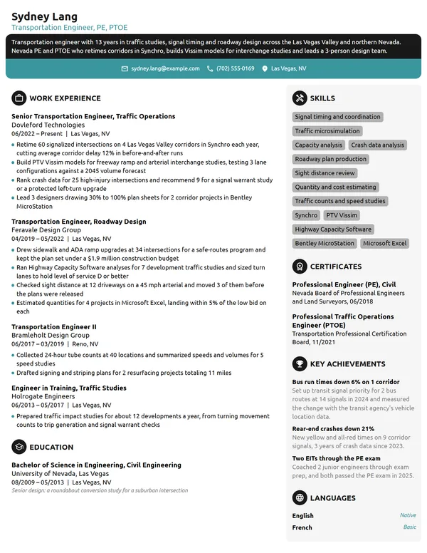 Transportation Engineer resume example