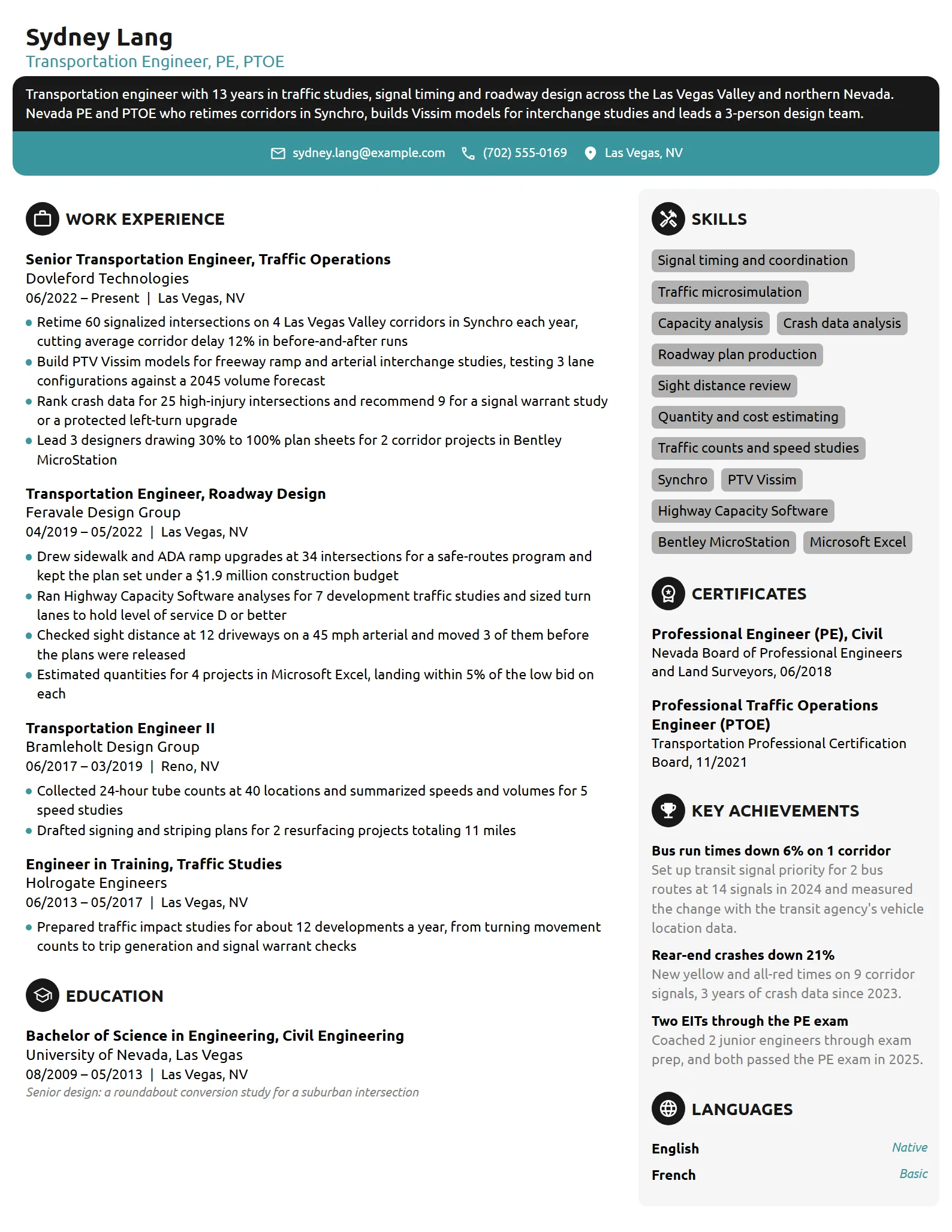 Transportation Engineer resume example