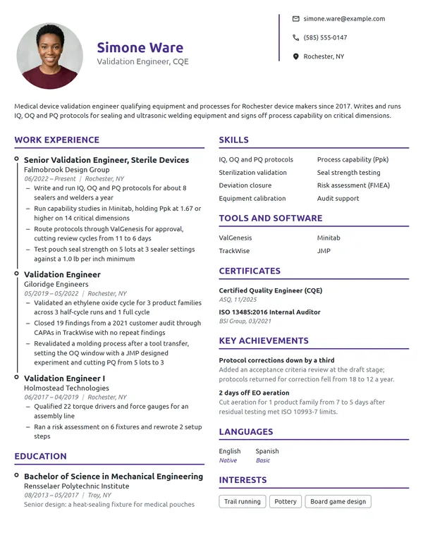 Validation Engineer resume example
