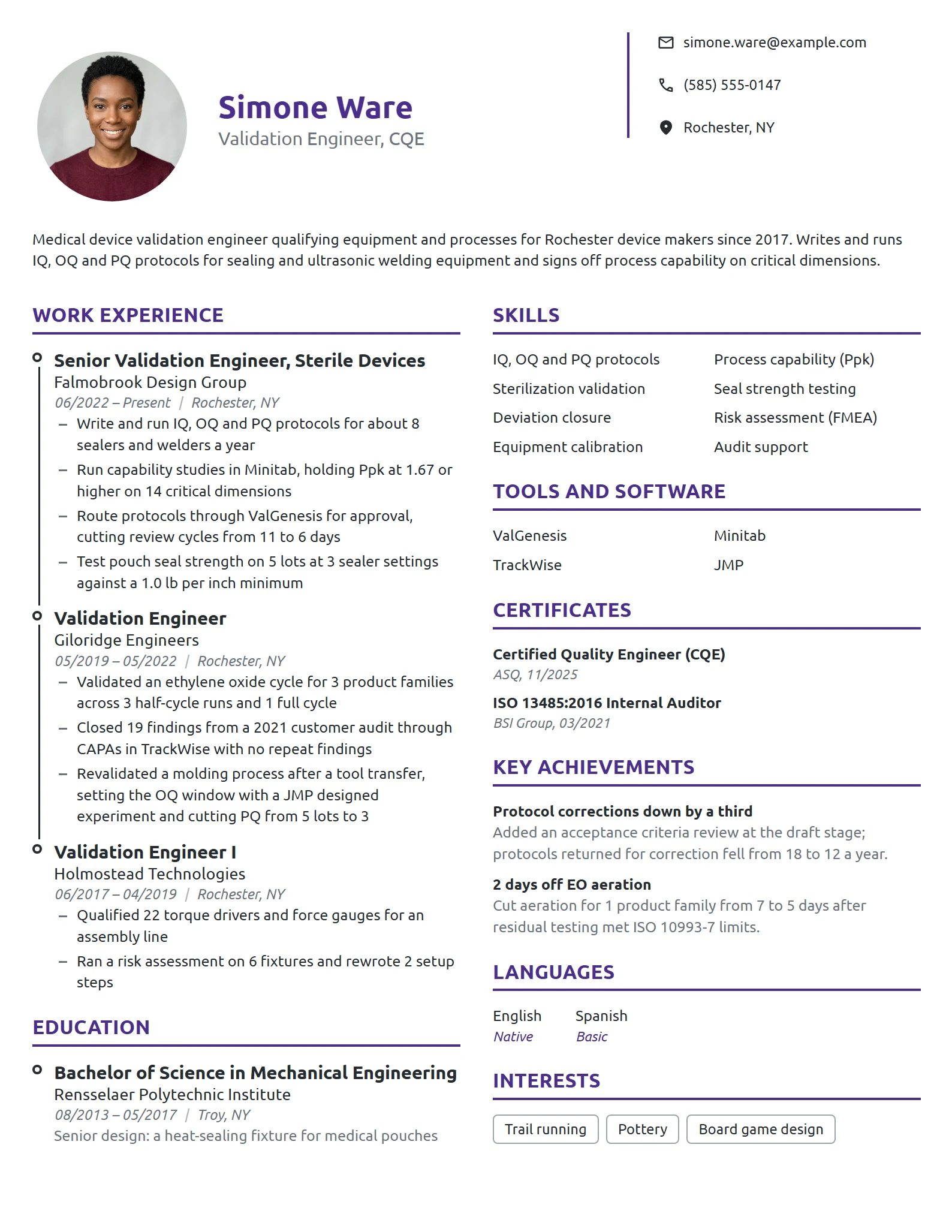 Validation Engineer resume example