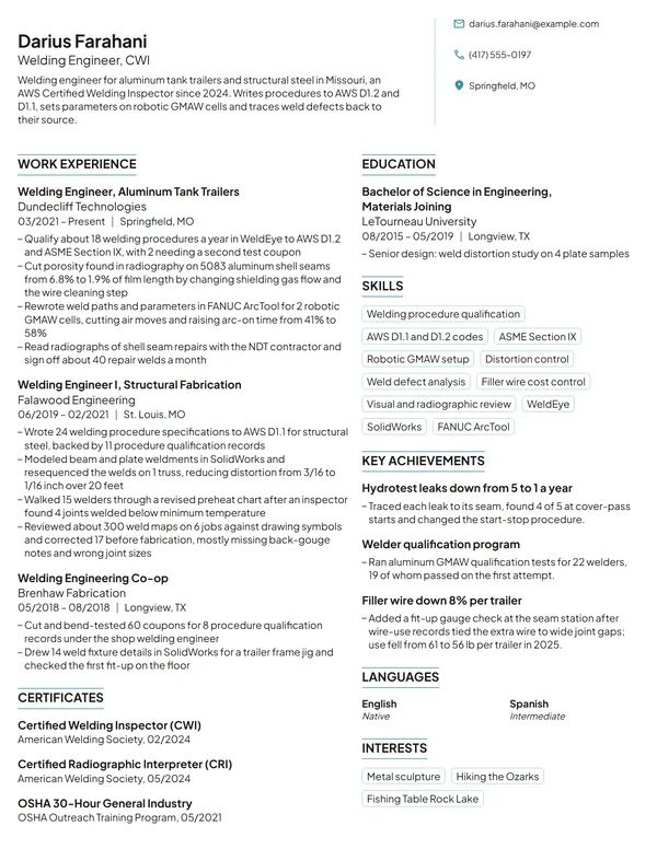 Welding Engineer resume example