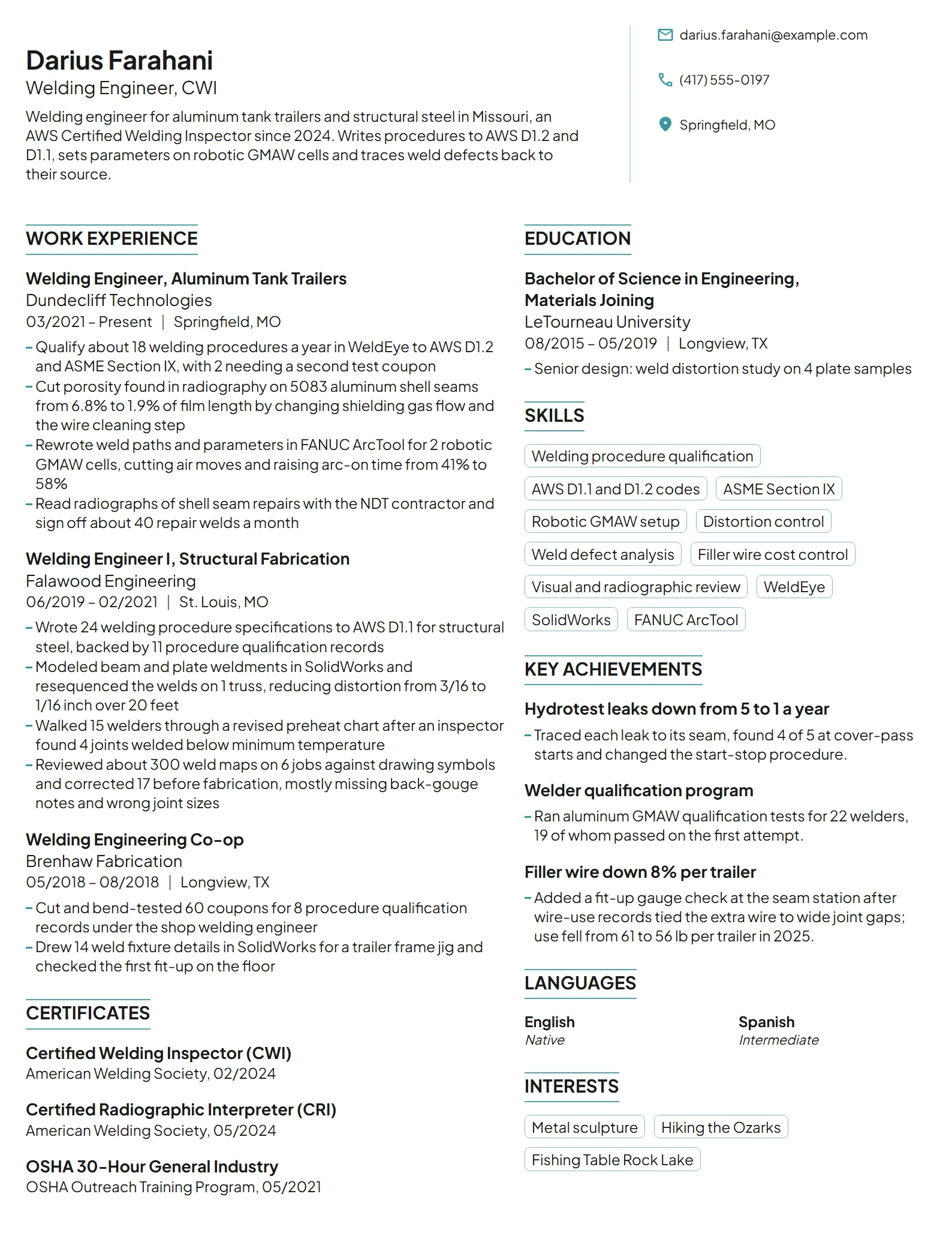 Welding Engineer resume example