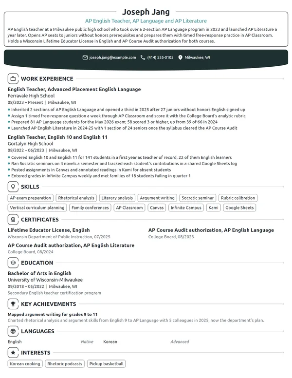 AP English Teacher resume example