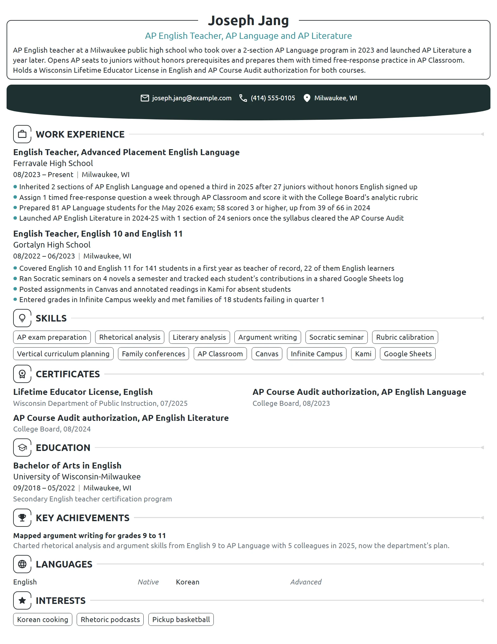 AP English Teacher resume example