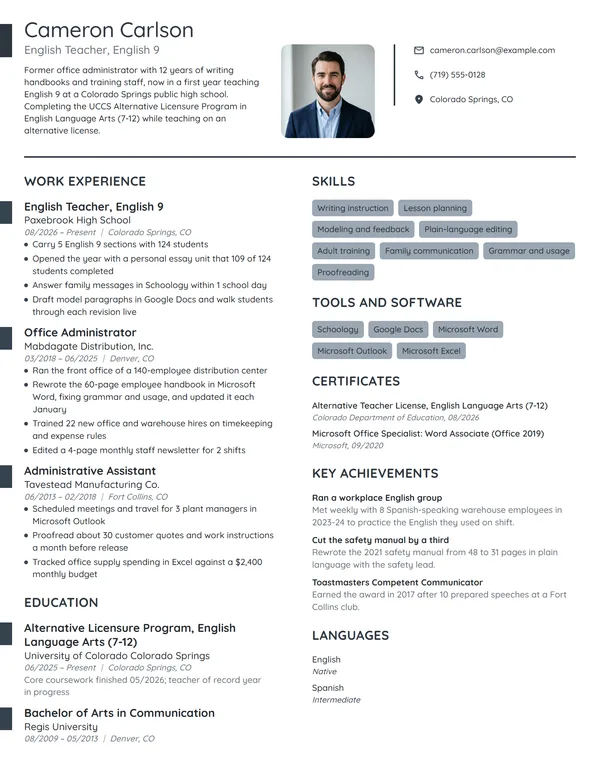 Career Change English Teacher resume example