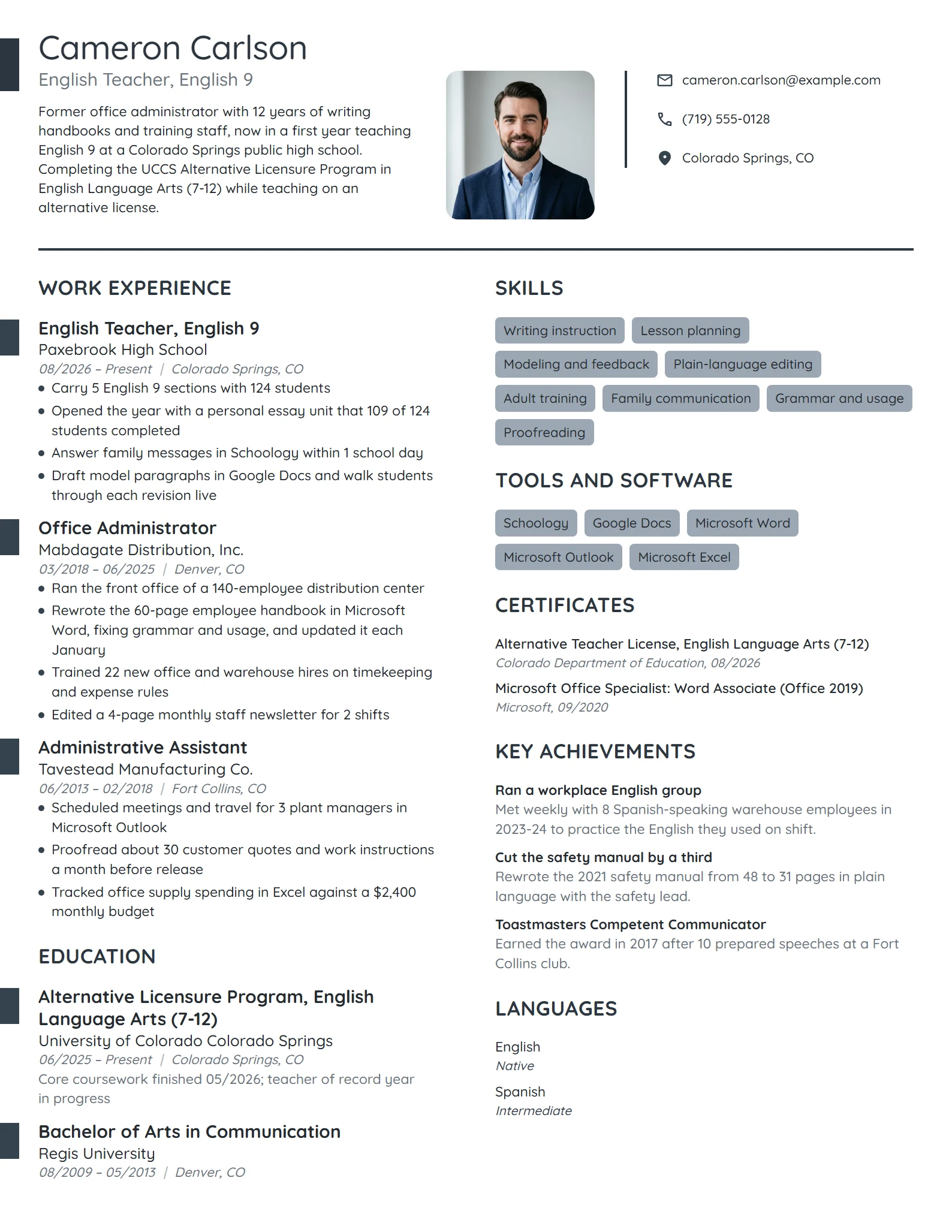 Career Change English Teacher resume example
