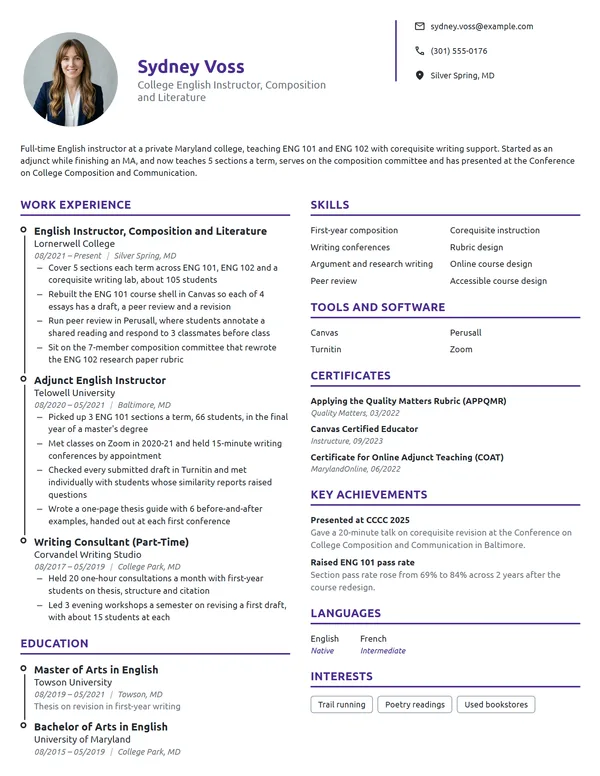 College English Instructor resume example