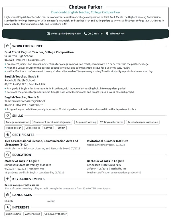 Dual Credit English Teacher resume example