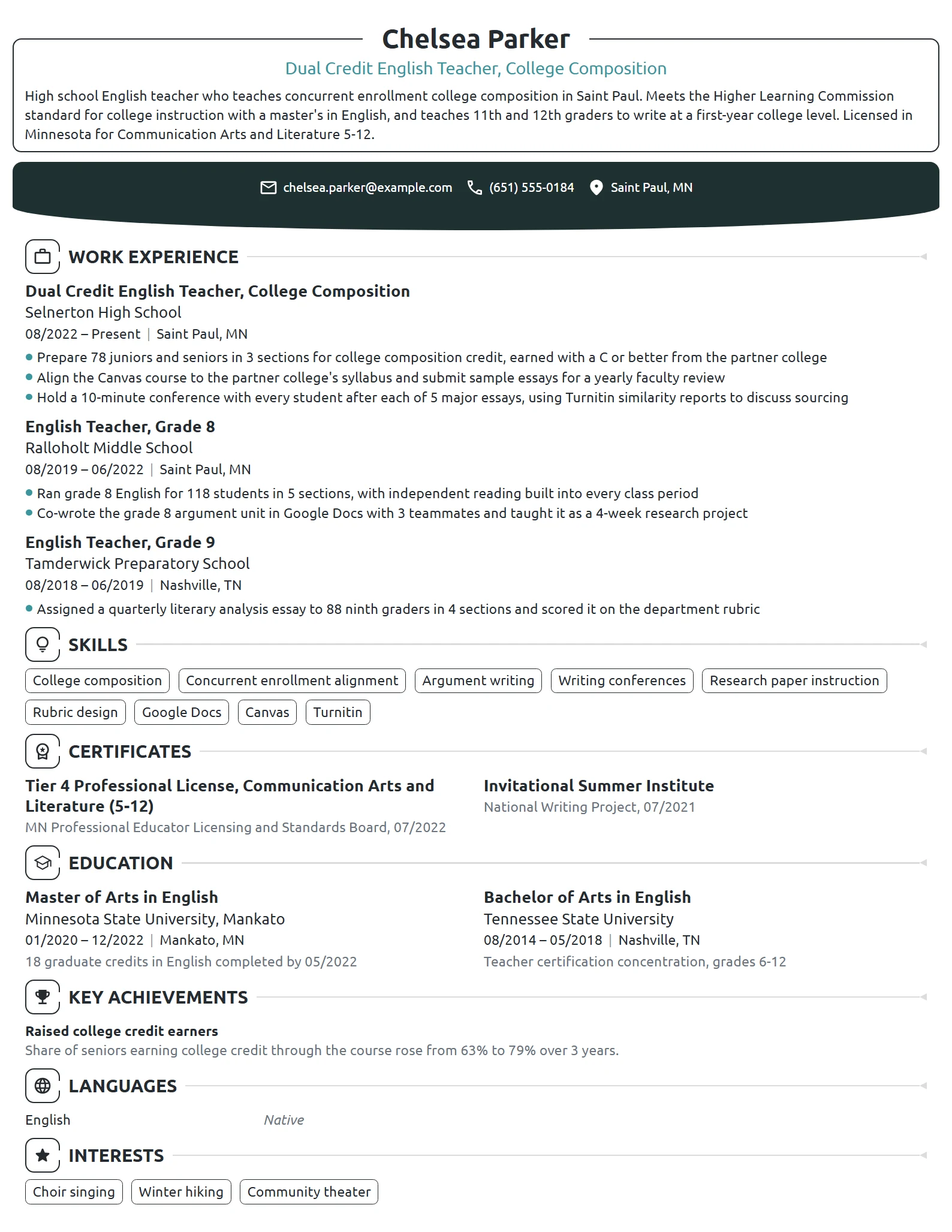Dual Credit English Teacher resume example