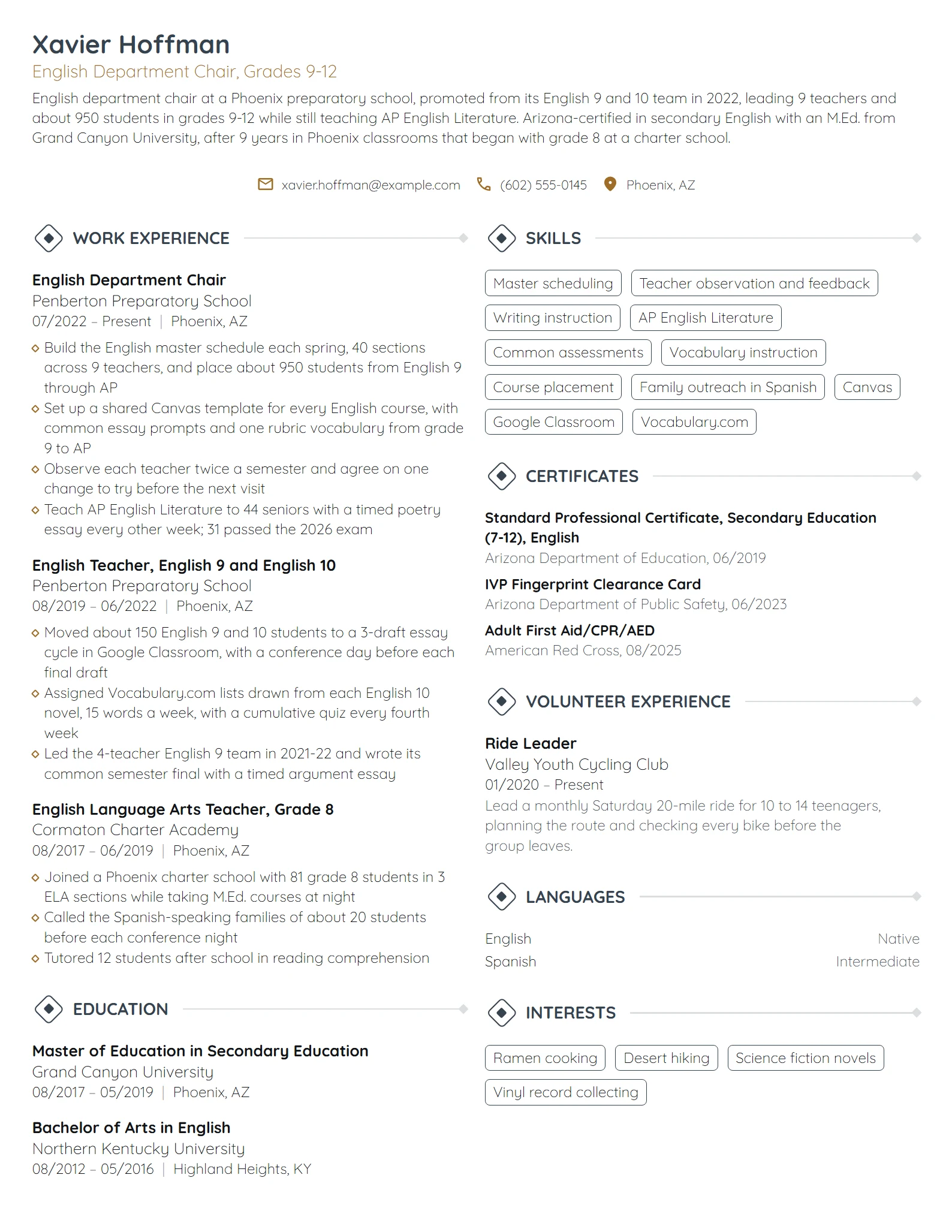 English Department Chair resume example