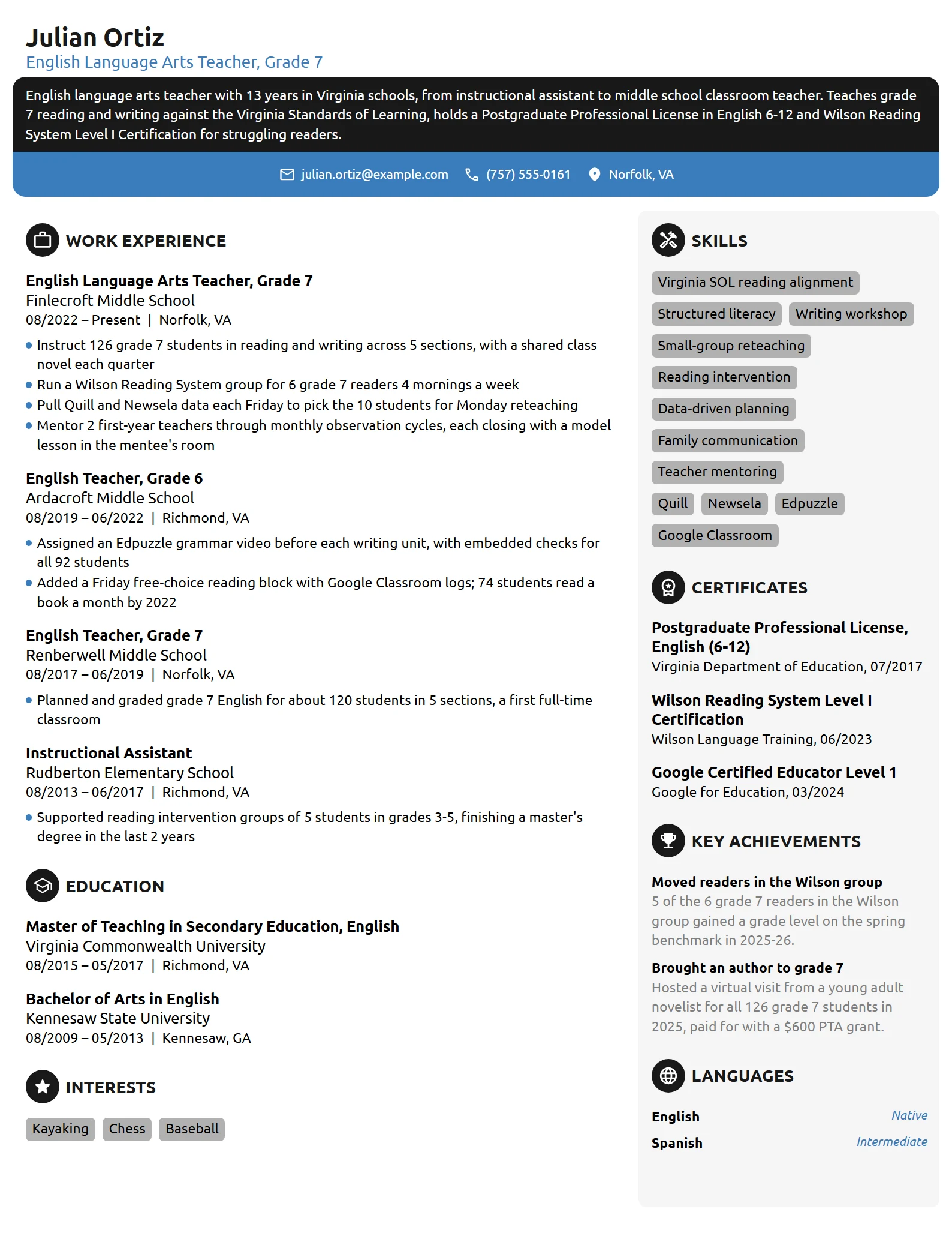 English Language Arts Teacher resume example