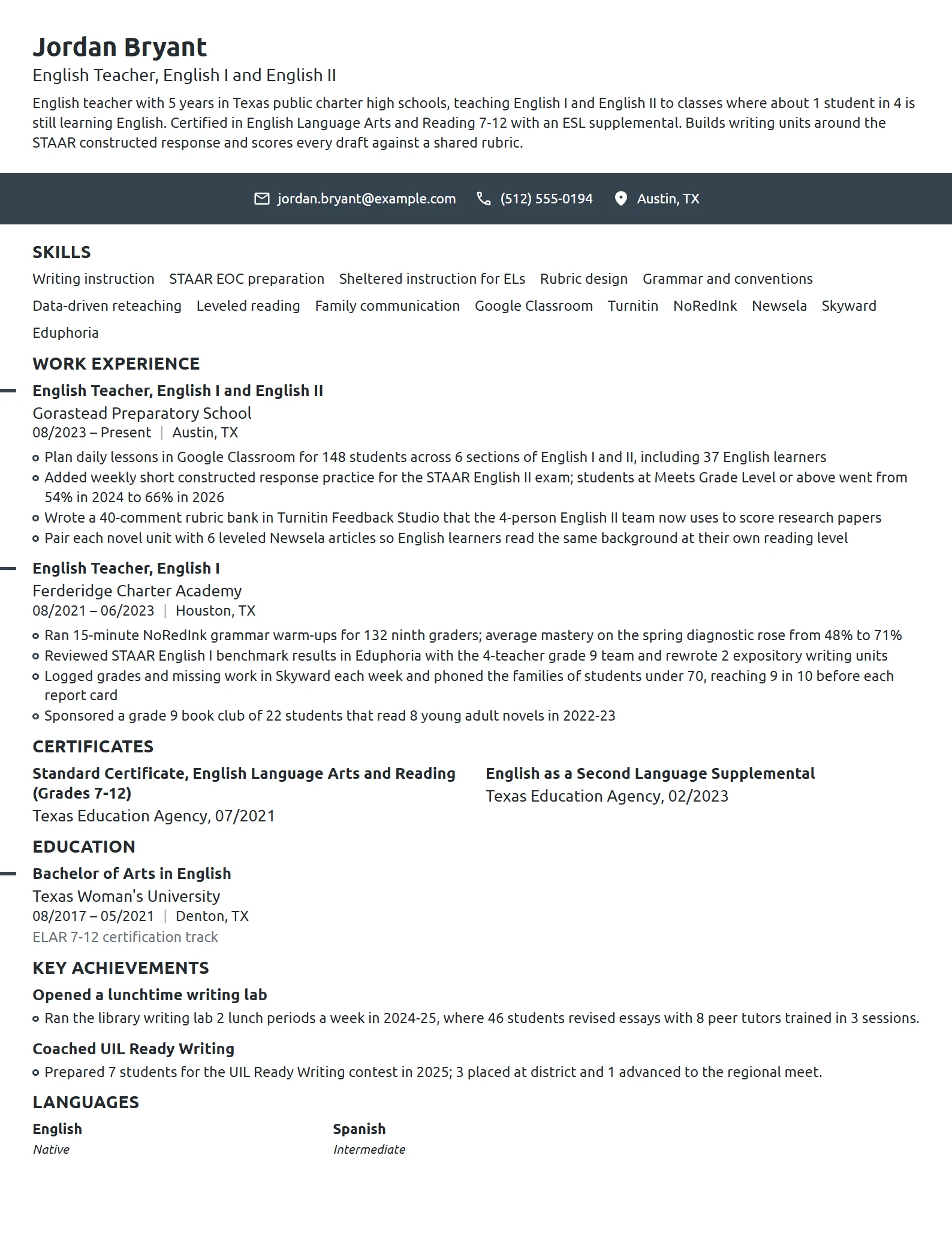 English Teacher resume example