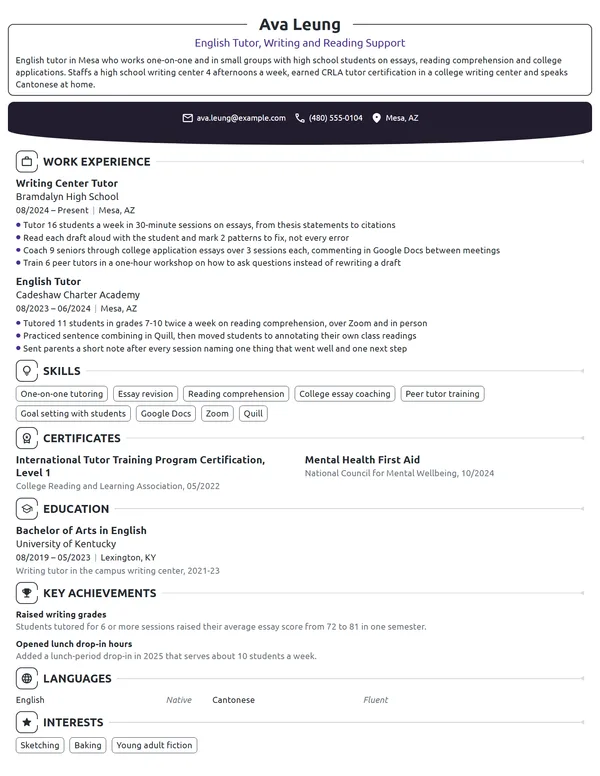 English Tutor resume example