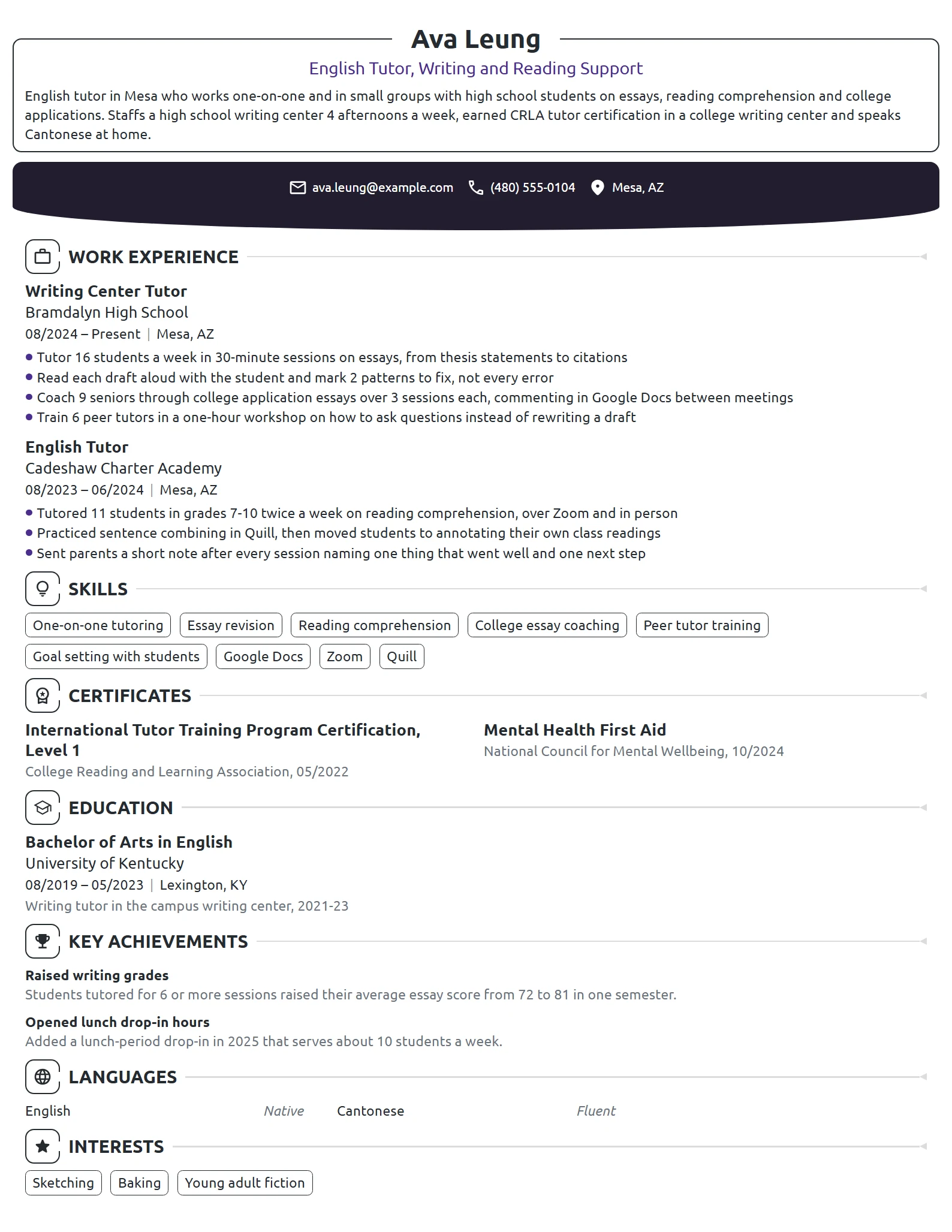 English Tutor resume example
