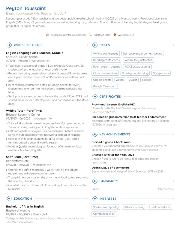 Entry-Level English Teacher resume example