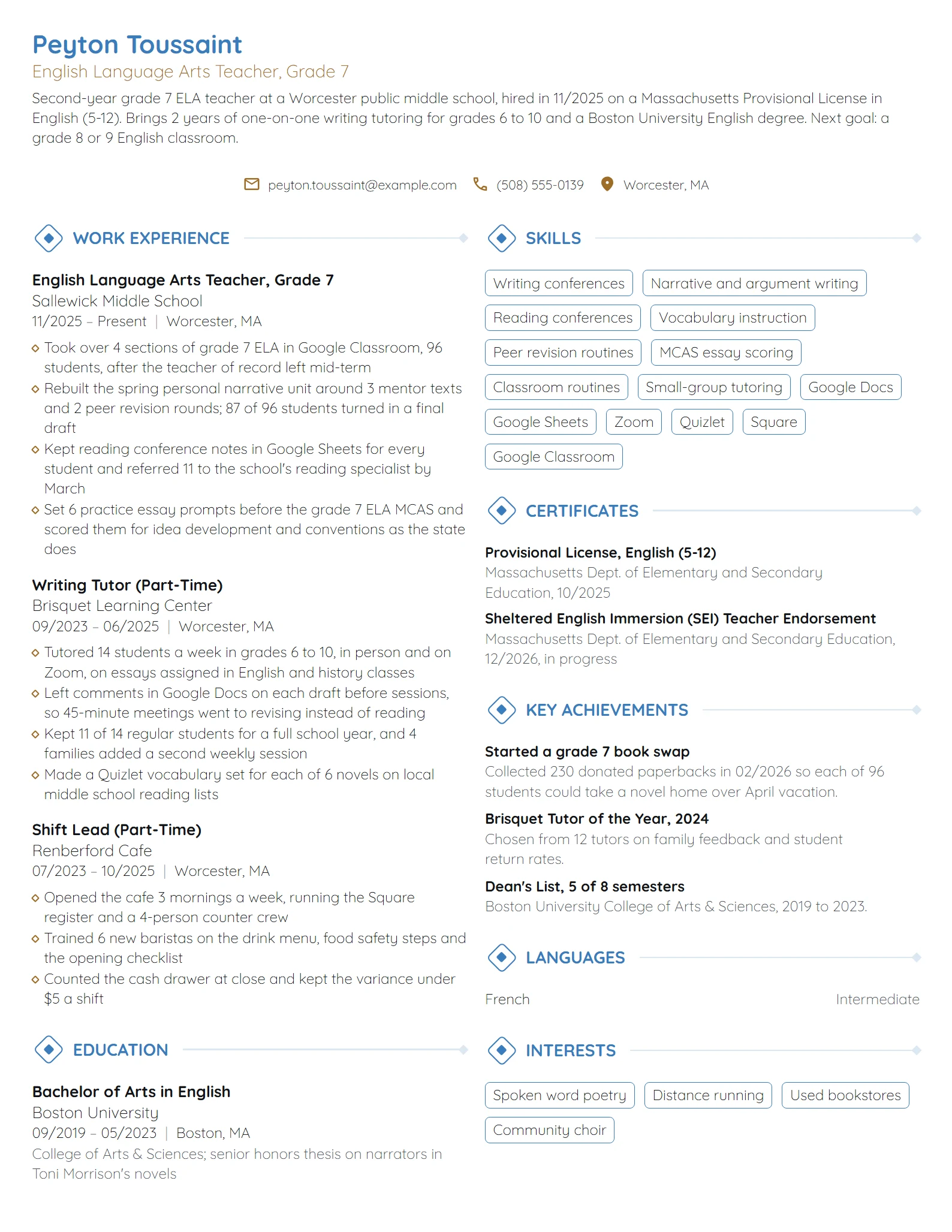 Entry-Level English Teacher resume example