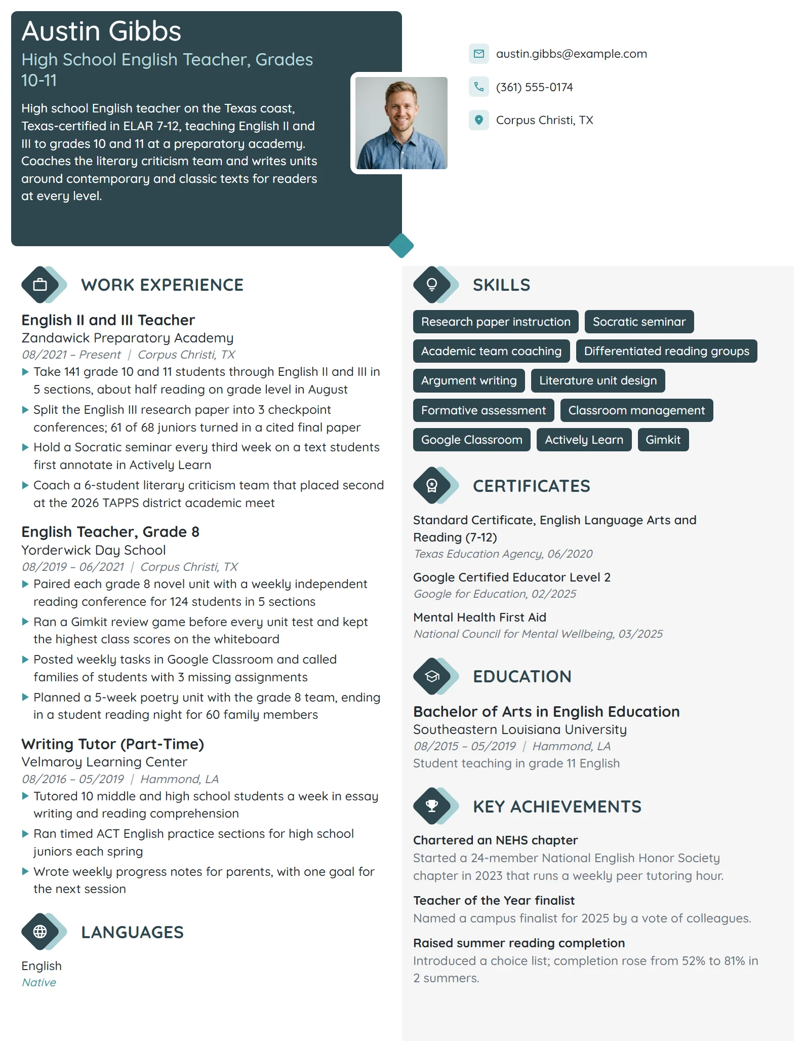 High School English Teacher resume example