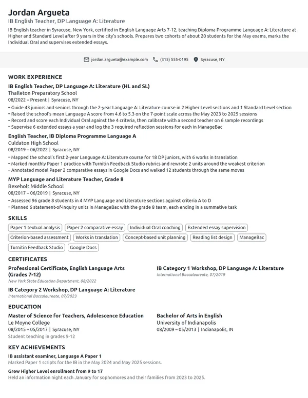 IB English Teacher resume example