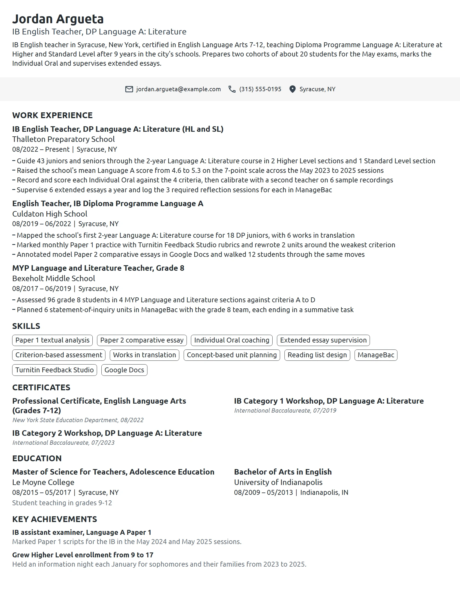 IB English Teacher resume example