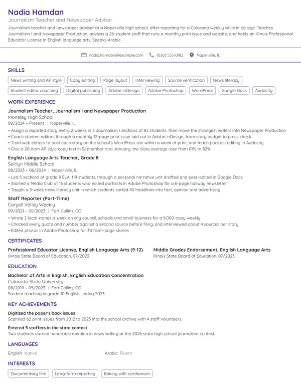Journalism Teacher resume example