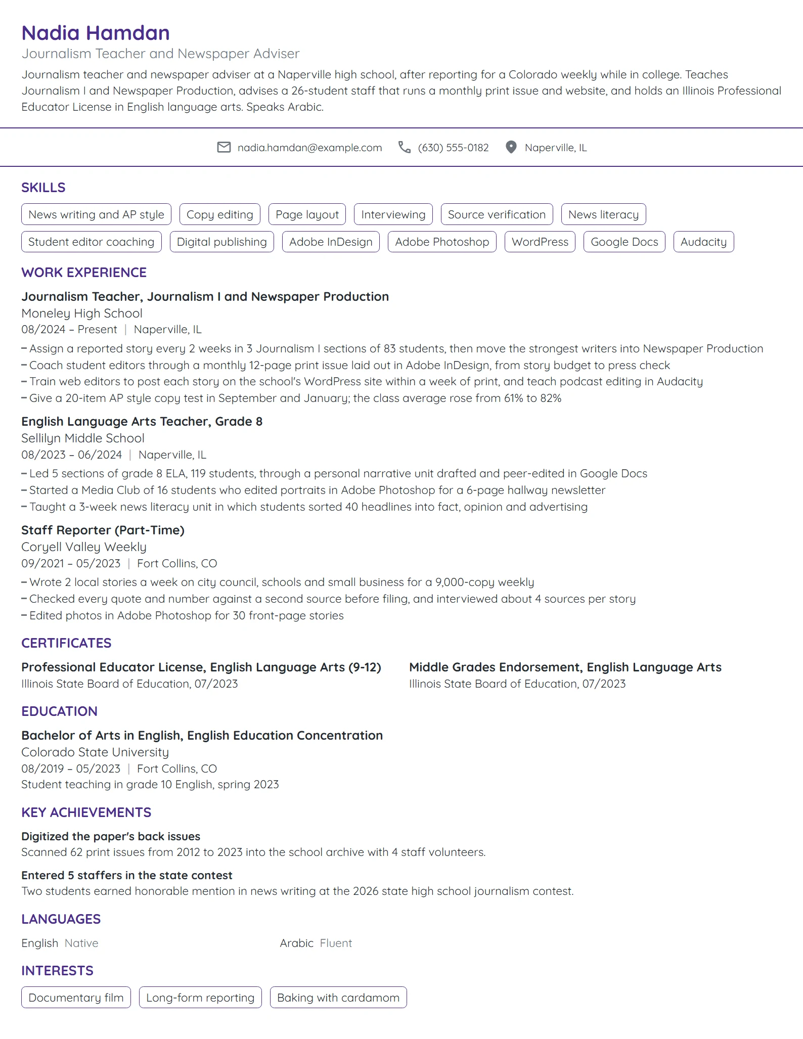 Journalism Teacher resume example