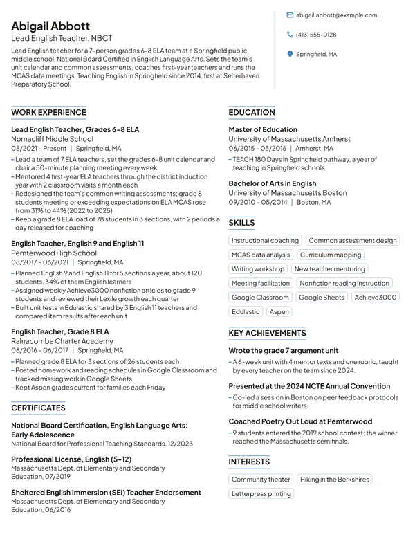 Lead English Teacher resume example