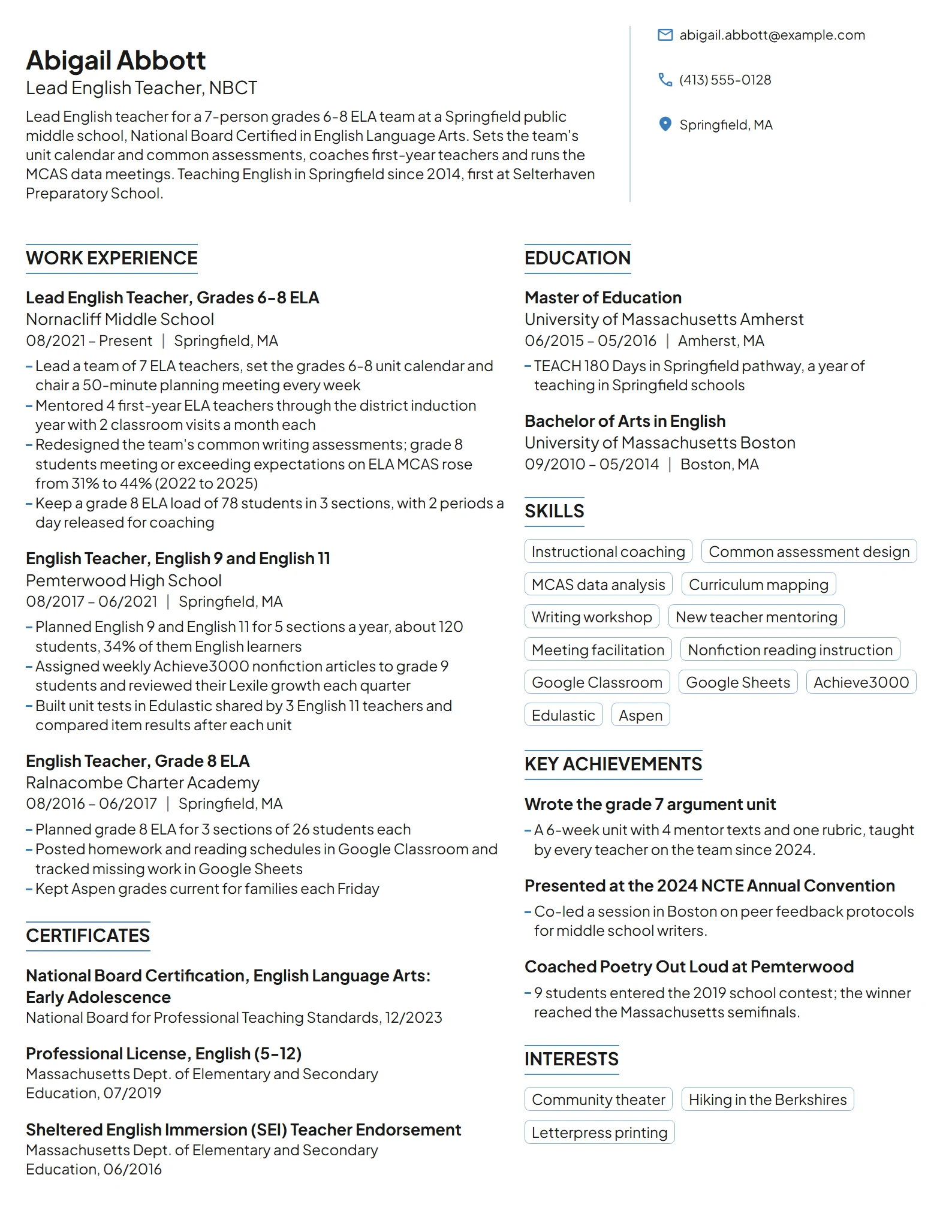 Lead English Teacher resume example