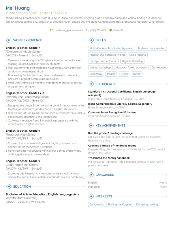 Middle School English Teacher resume example
