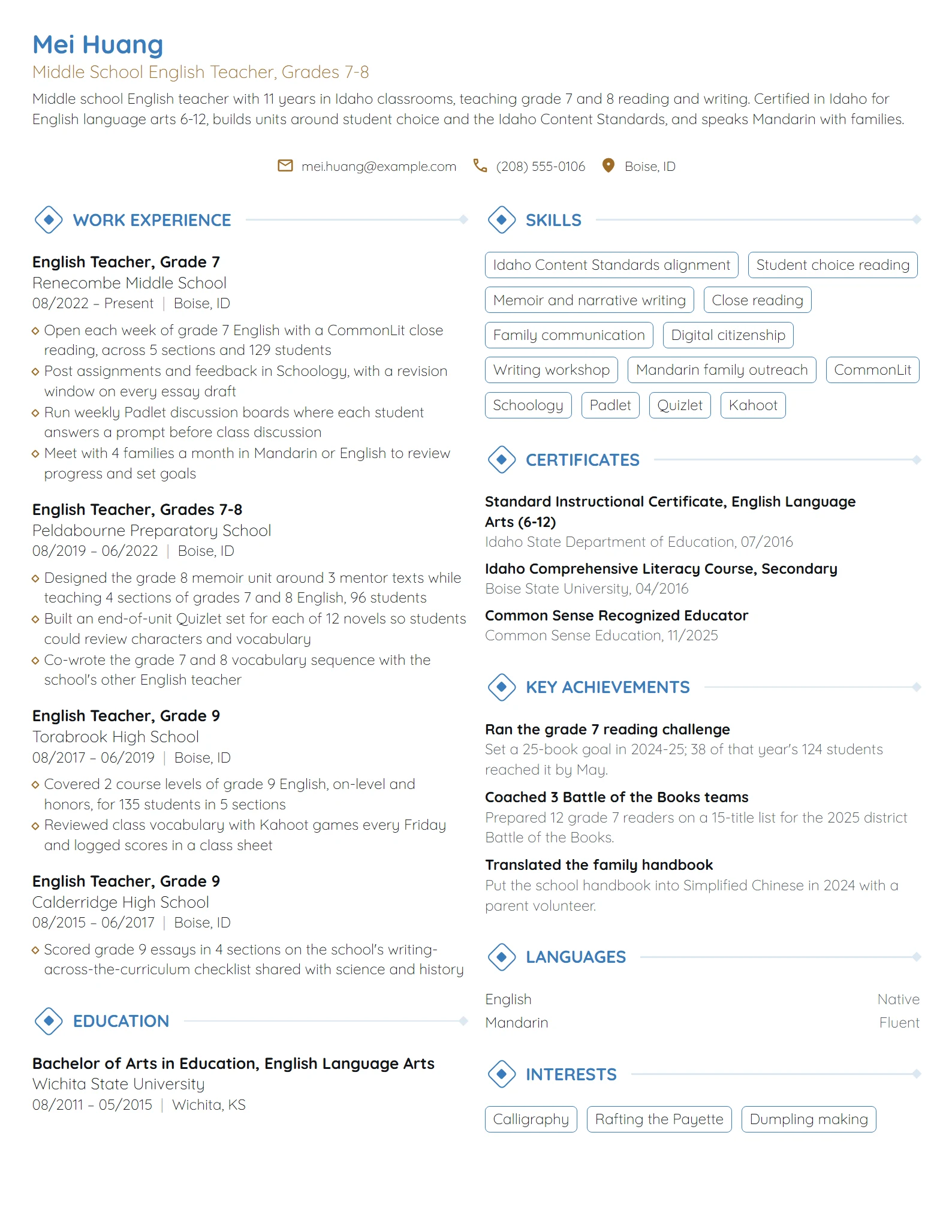 Middle School English Teacher resume example