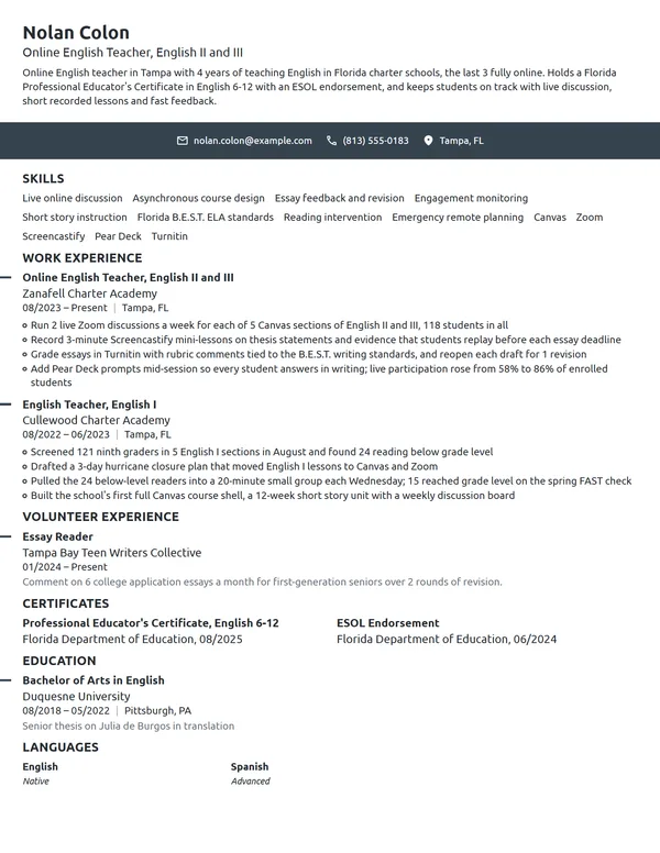 Online English Teacher resume example