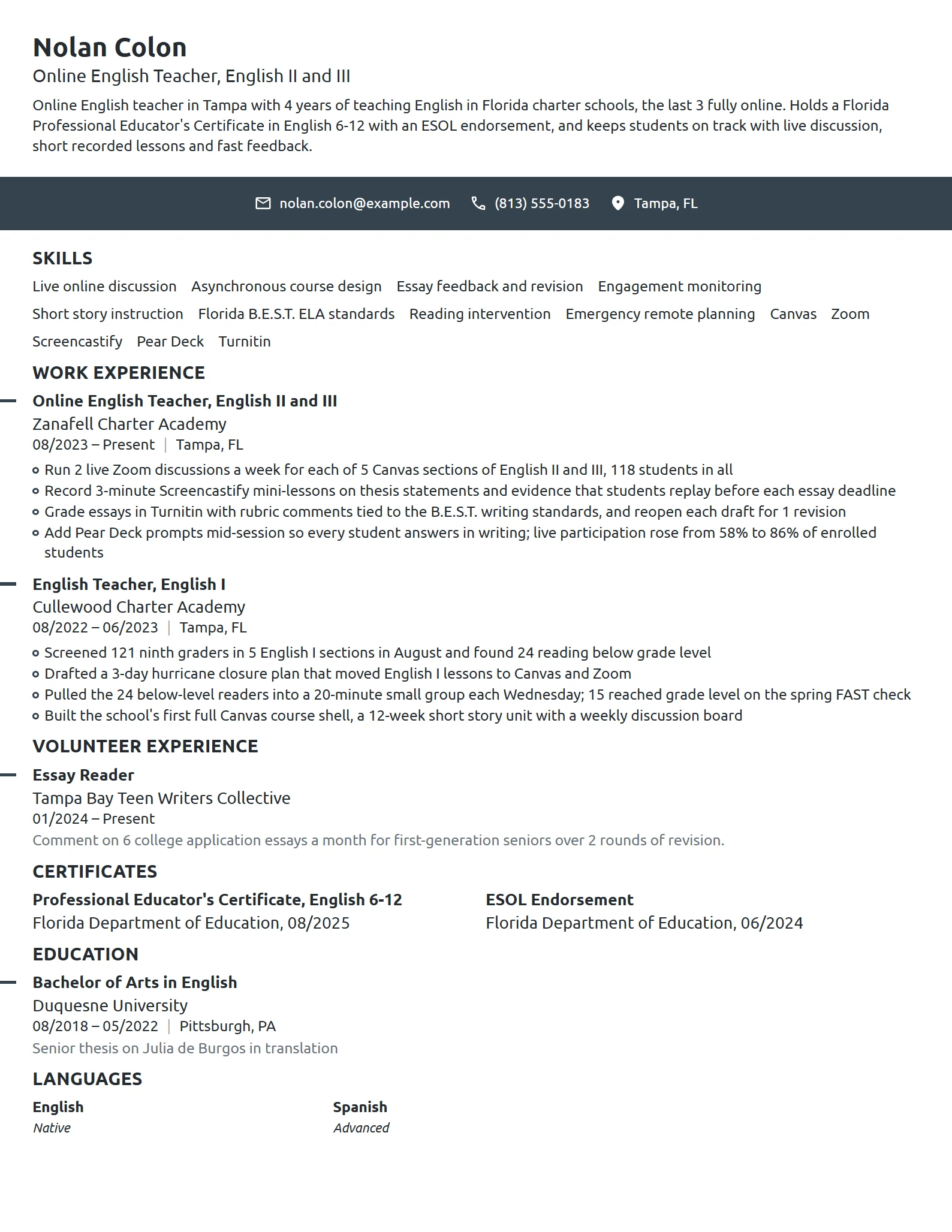 Online English Teacher resume example