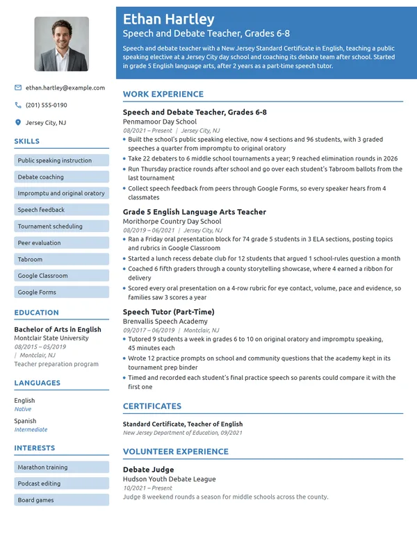 Speech and Debate Teacher resume example
