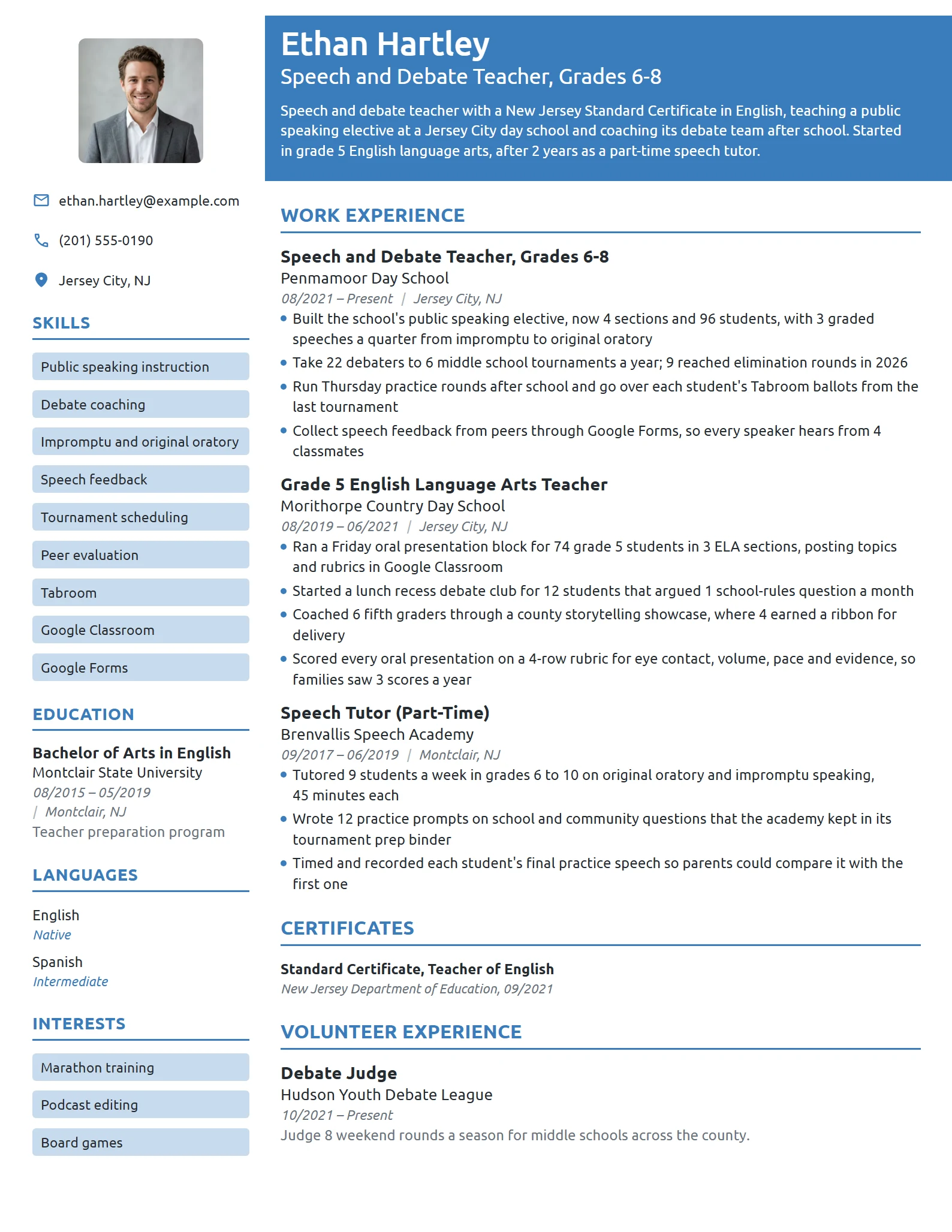 Speech and Debate Teacher resume example