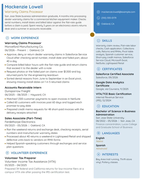 Entry-Level Claims Processor resume example