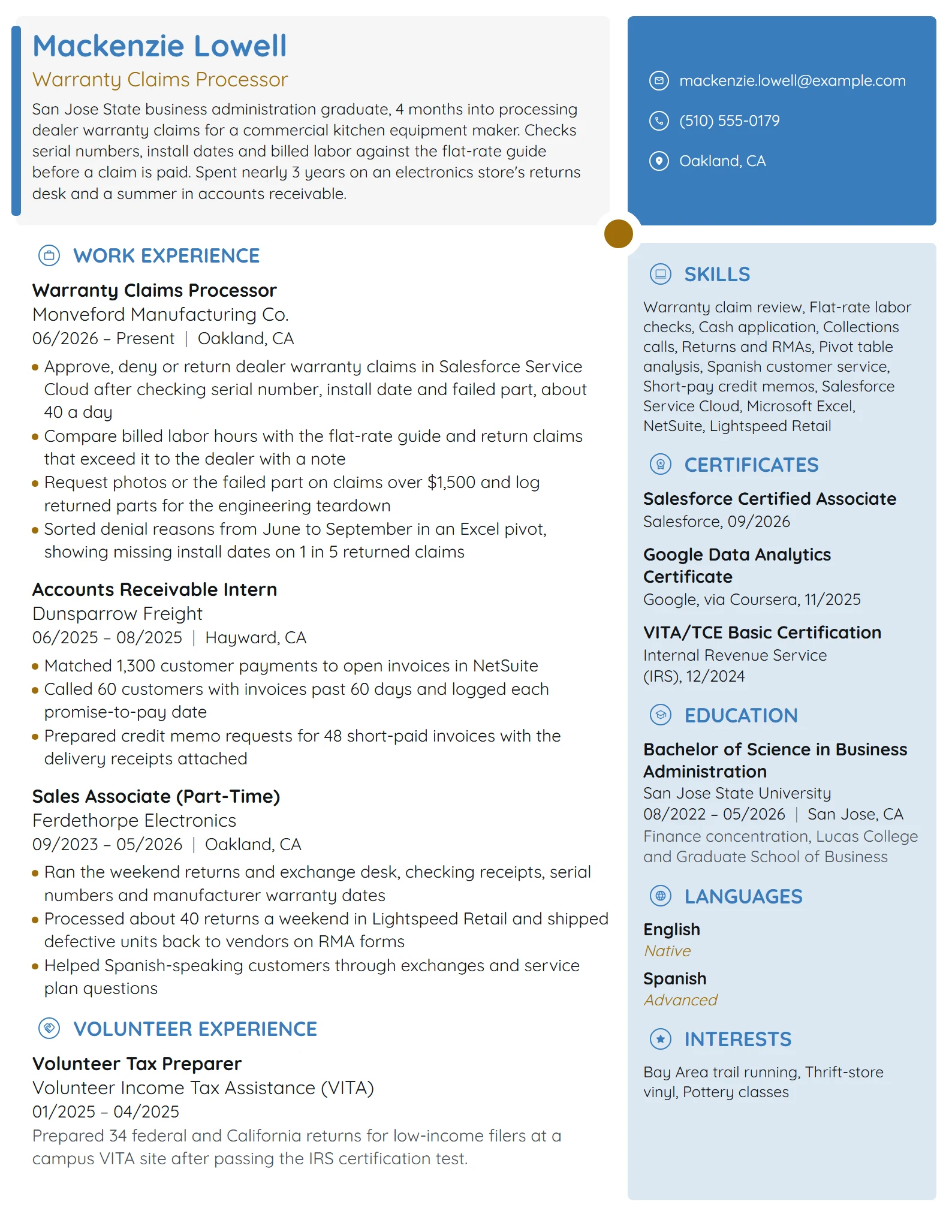 Entry-Level Claims Processor resume example