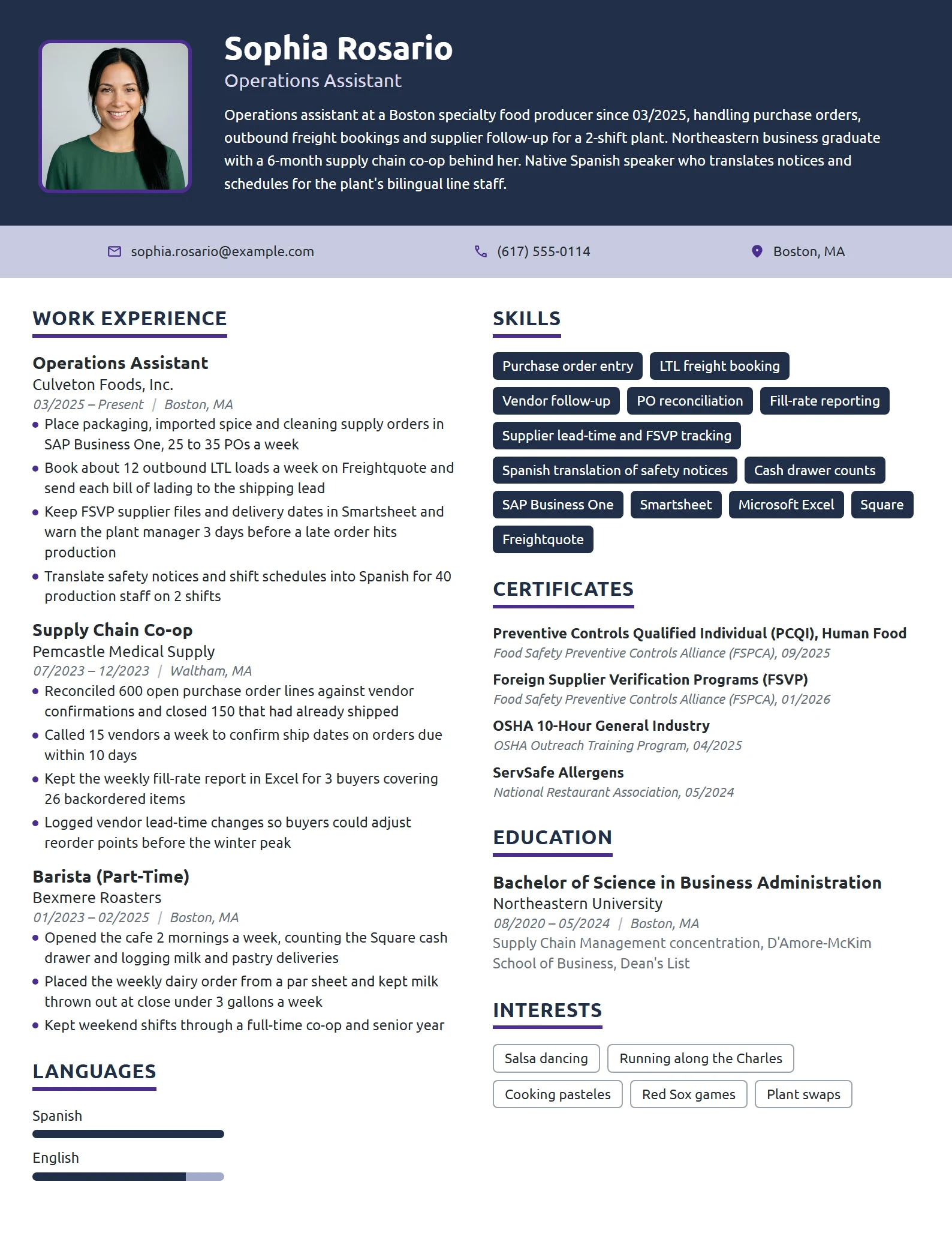 Entry-Level Operations Assistant resume example