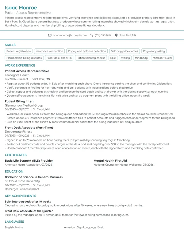 Entry-Level Patient Access Representative resume example