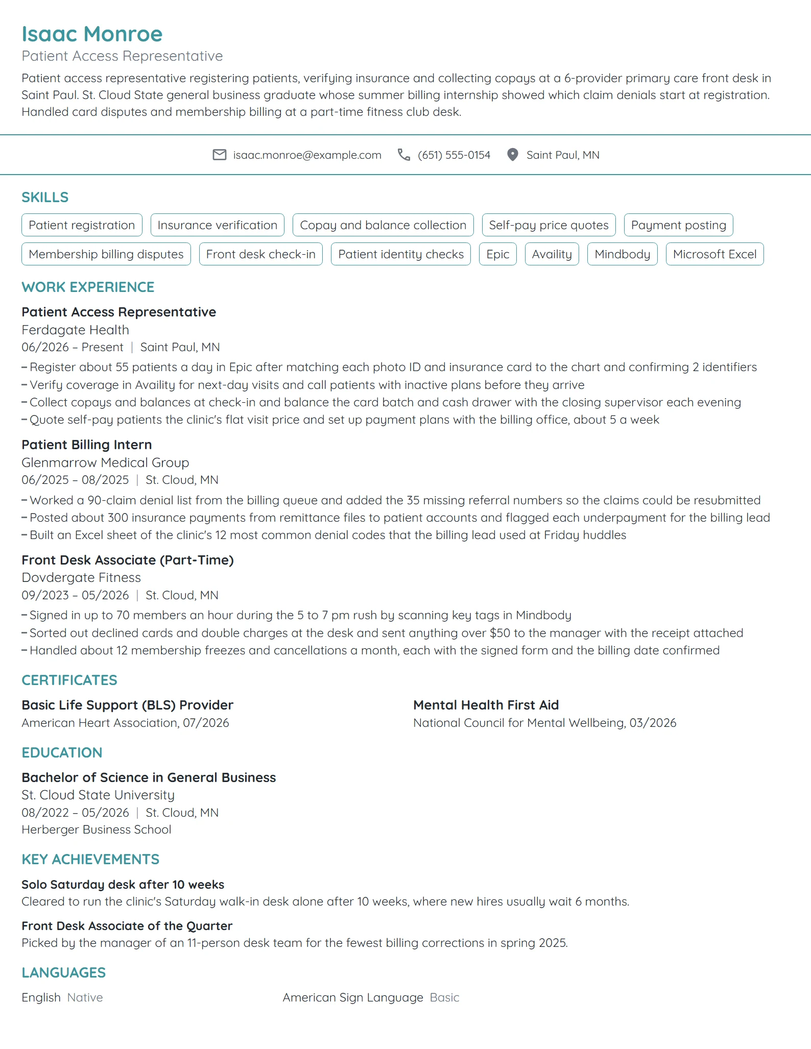 Entry-Level Patient Access Representative resume example
