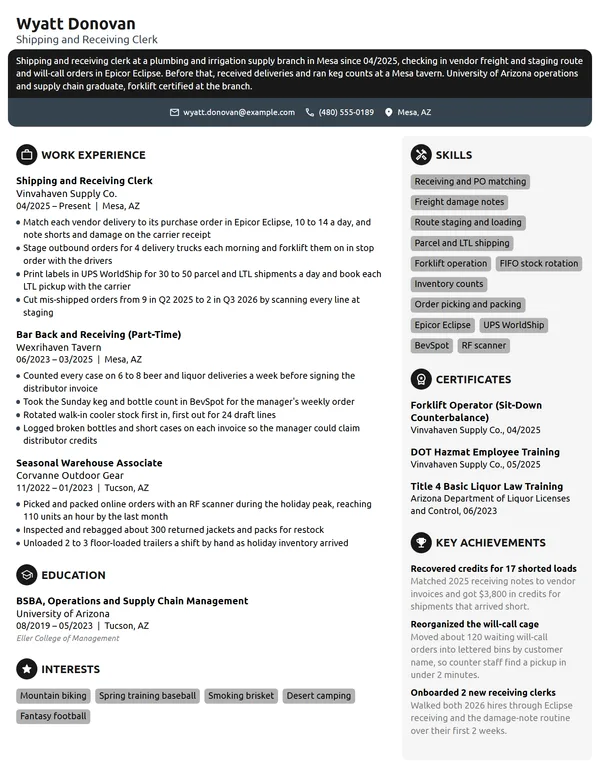 Entry-Level Shipping and Receiving Clerk resume example