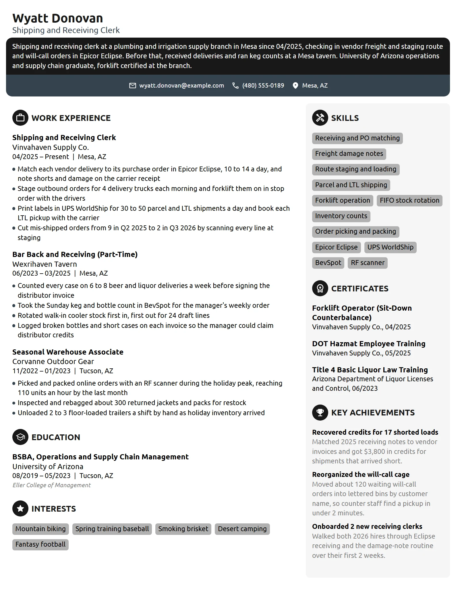 Entry-Level Shipping and Receiving Clerk resume example